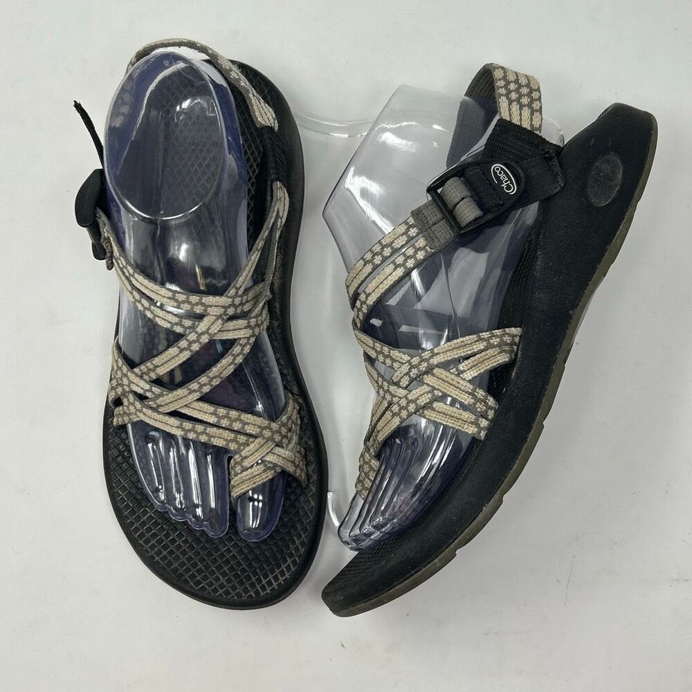 Chaco Women's Strappy Sandals Black Footbed with Beige Patterned Webbing